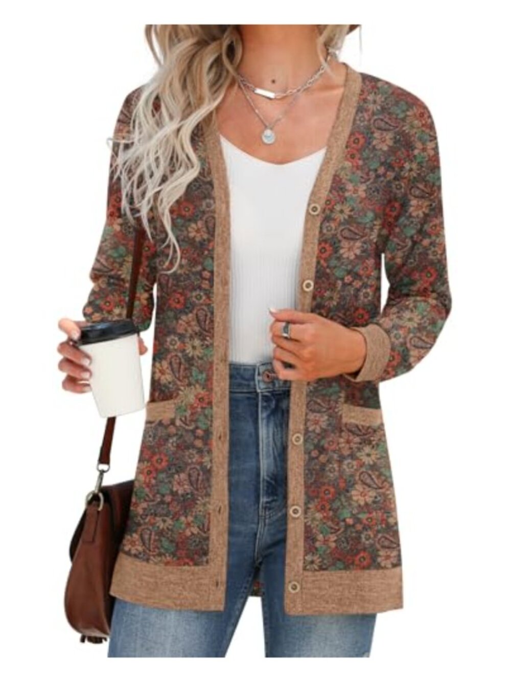 Open Front Button Down Ribbed Knit Lightweight Cardigan with Pockets
